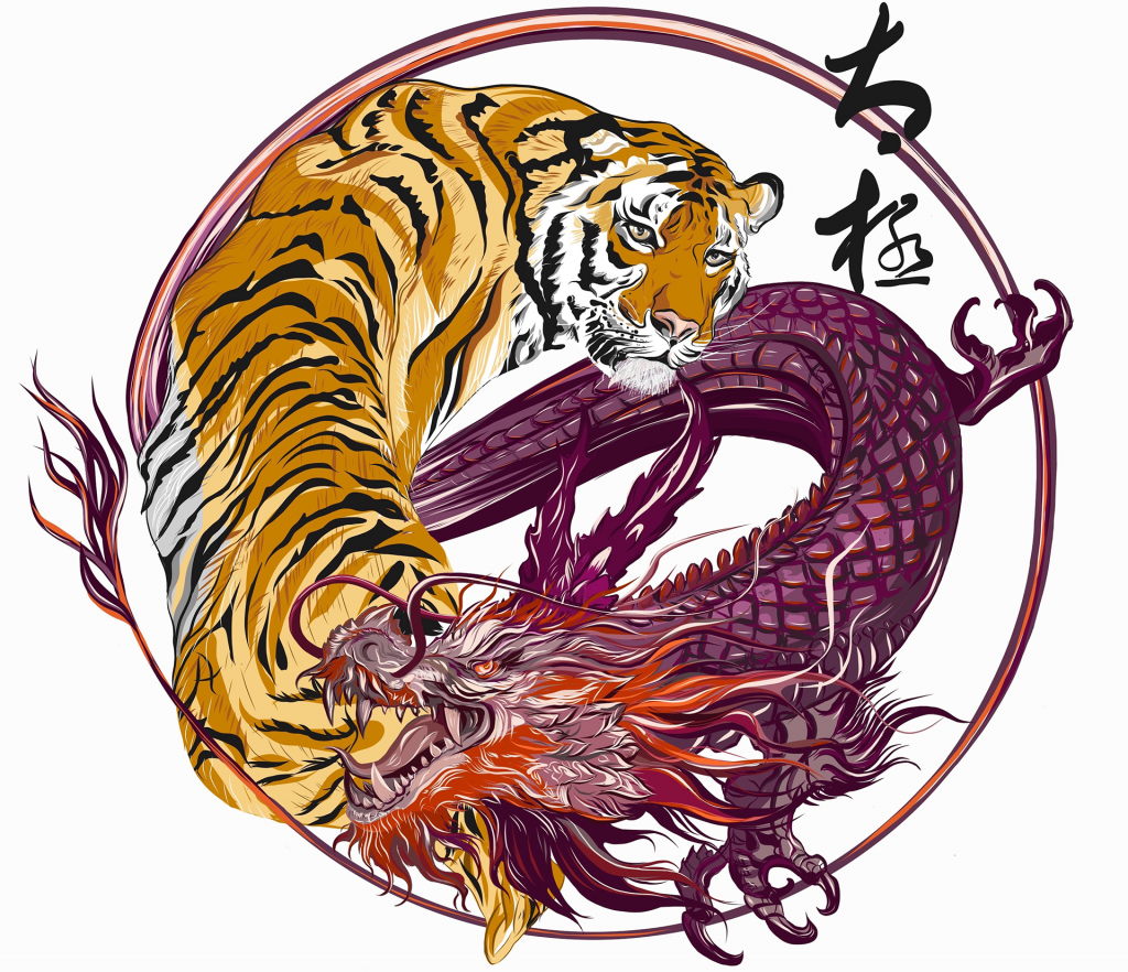 Год тигра по годам. Китайский дракон и тигр Инь Янь. Тигр и дракон китайские Мифические. Китайский тигр Инь.